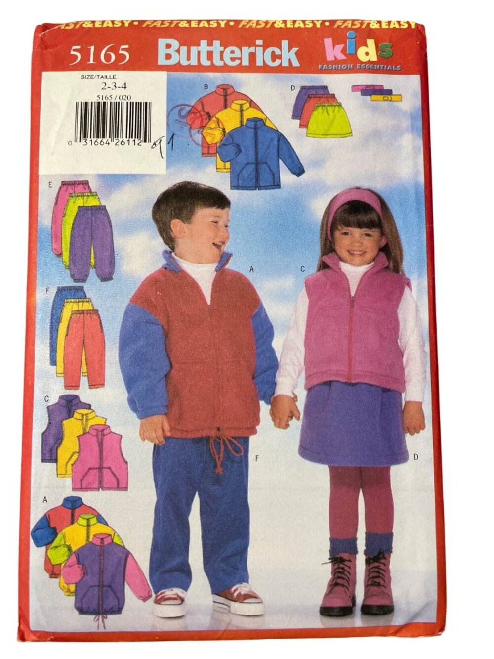 Vintage 90s Butterick 5165 Pattern Size 2-3-4 Kids Jacket Vest Skirt Pants UNCUT